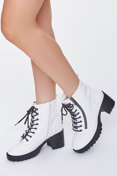 WHITE Faux Patent Leather Lug-Sole Booties, image 1