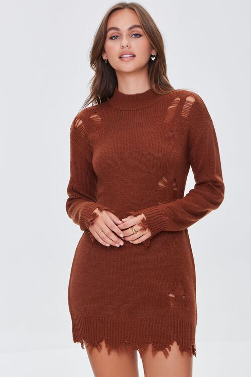 BROWN Distressed Bodycon Sweater Dress, image 1