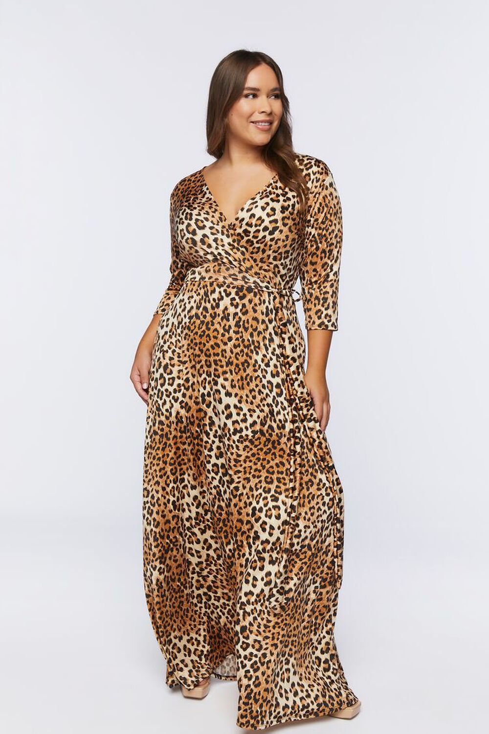 TAN/MULTI Plus Size Leopard Print Wrap Maxi Dress, image 1