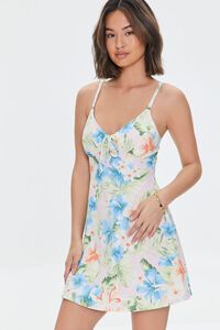 PINK/MULTI Tropical Floral Print Skater Dress, image 1