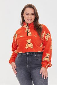 RUST/MULTI Plus Size Teddy Bear Print Fleece Pullover, image 1