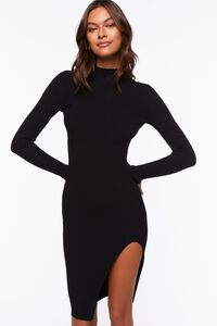 BLACK Ribbed Knee-Length Sweater Dress, image 1