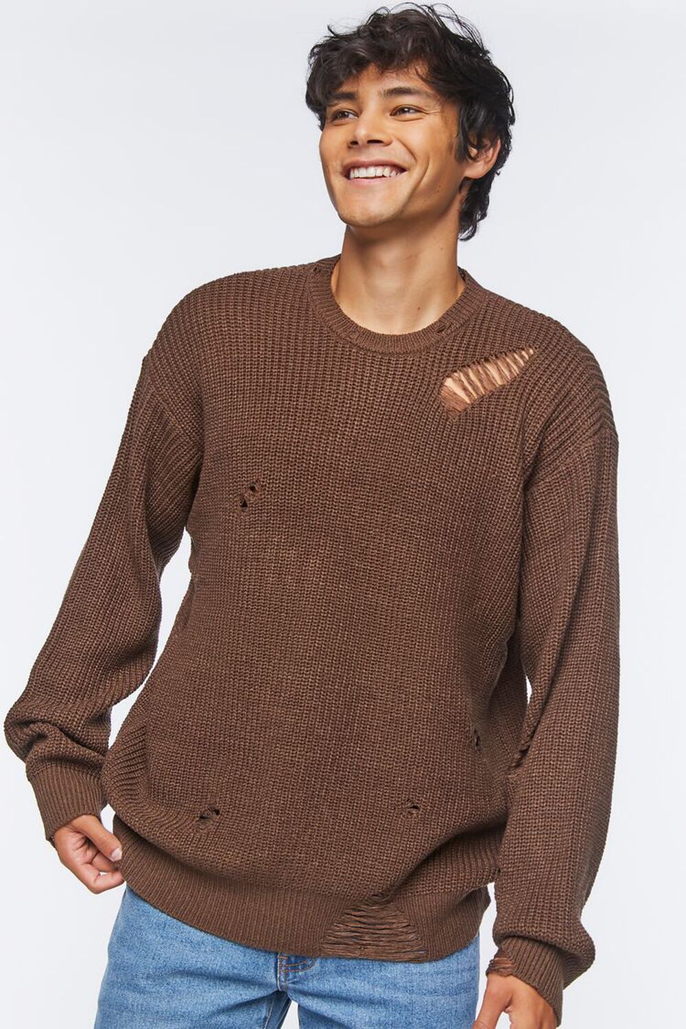 DARK BROWN Distressed Drop-Sleeve Sweater, image 1
