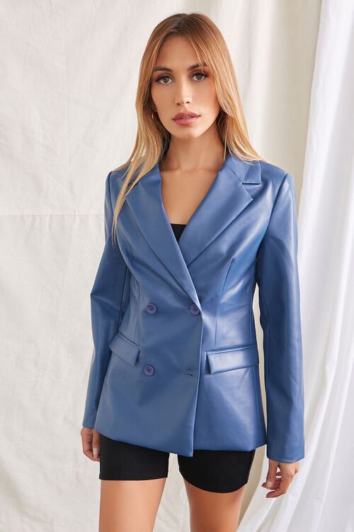BLUE Faux Leather Double-Breasted Jacket, image 5
