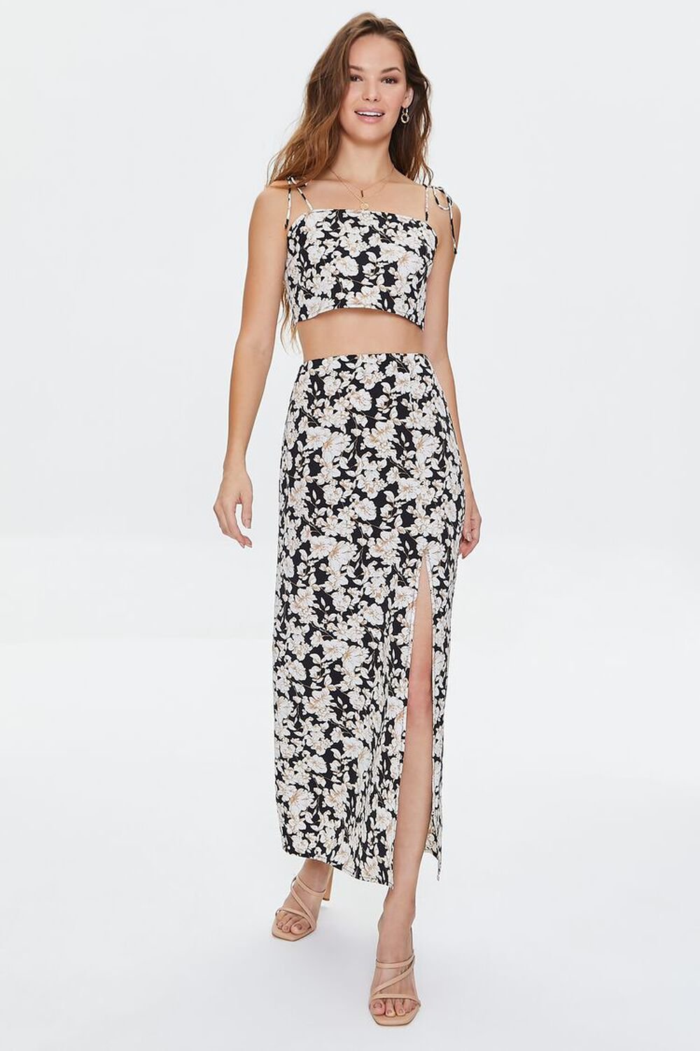 BLACK/MULTI Floral Print Cropped Cami & Skirt Set, image 1