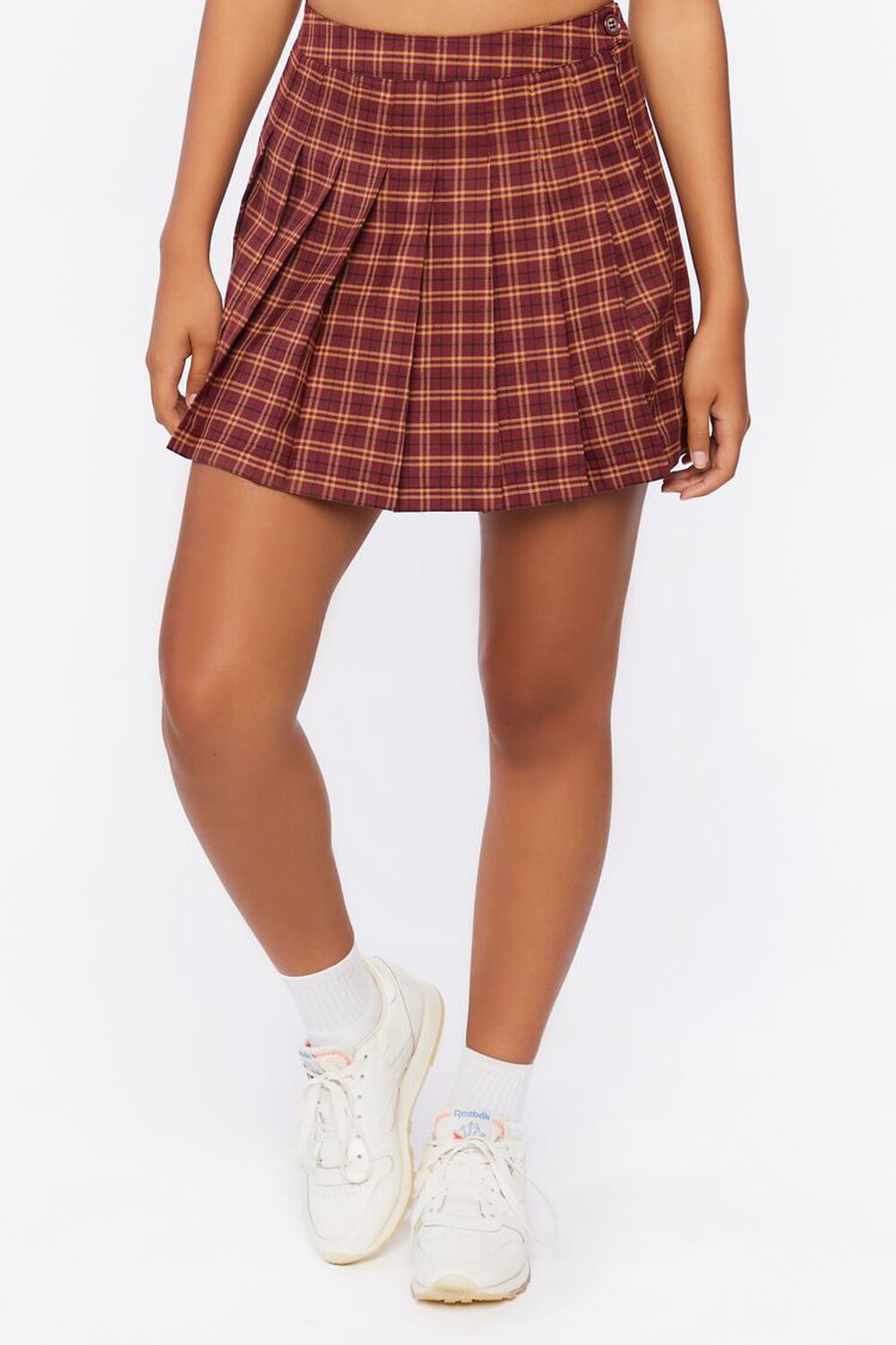 BURGUNDY/MULTI Pleated Plaid Mini Skirt, image 2
