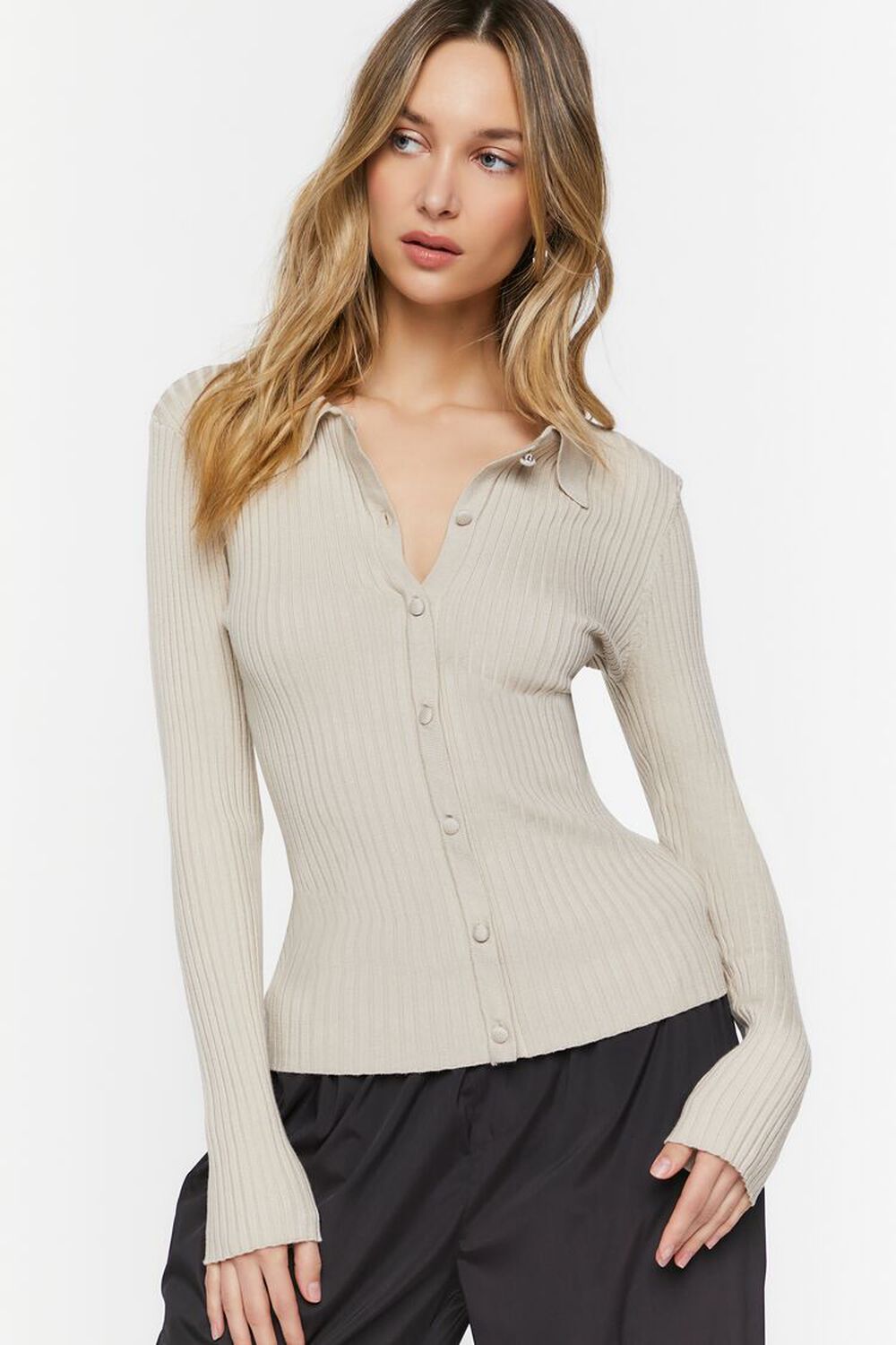 TAUPE Ribbed Knit Cardigan Sweater, image 1