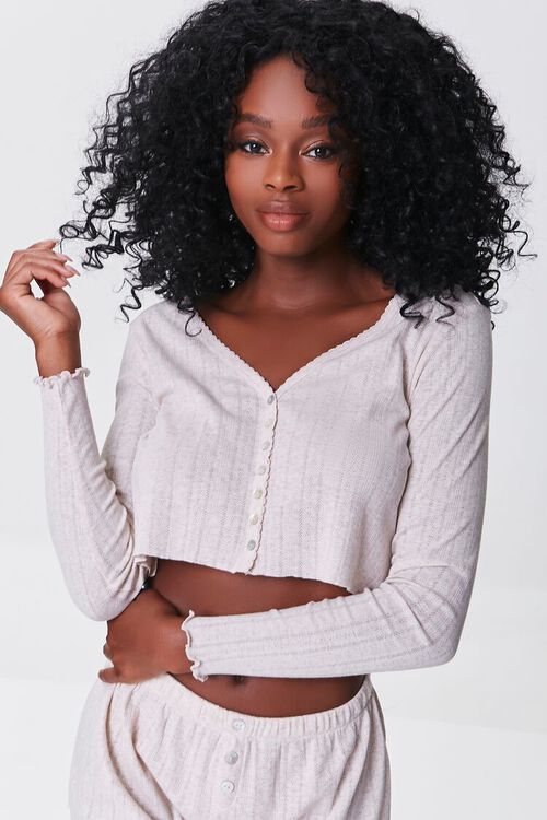 OATMEAL Pointelle Cropped Lounge Top, image 1