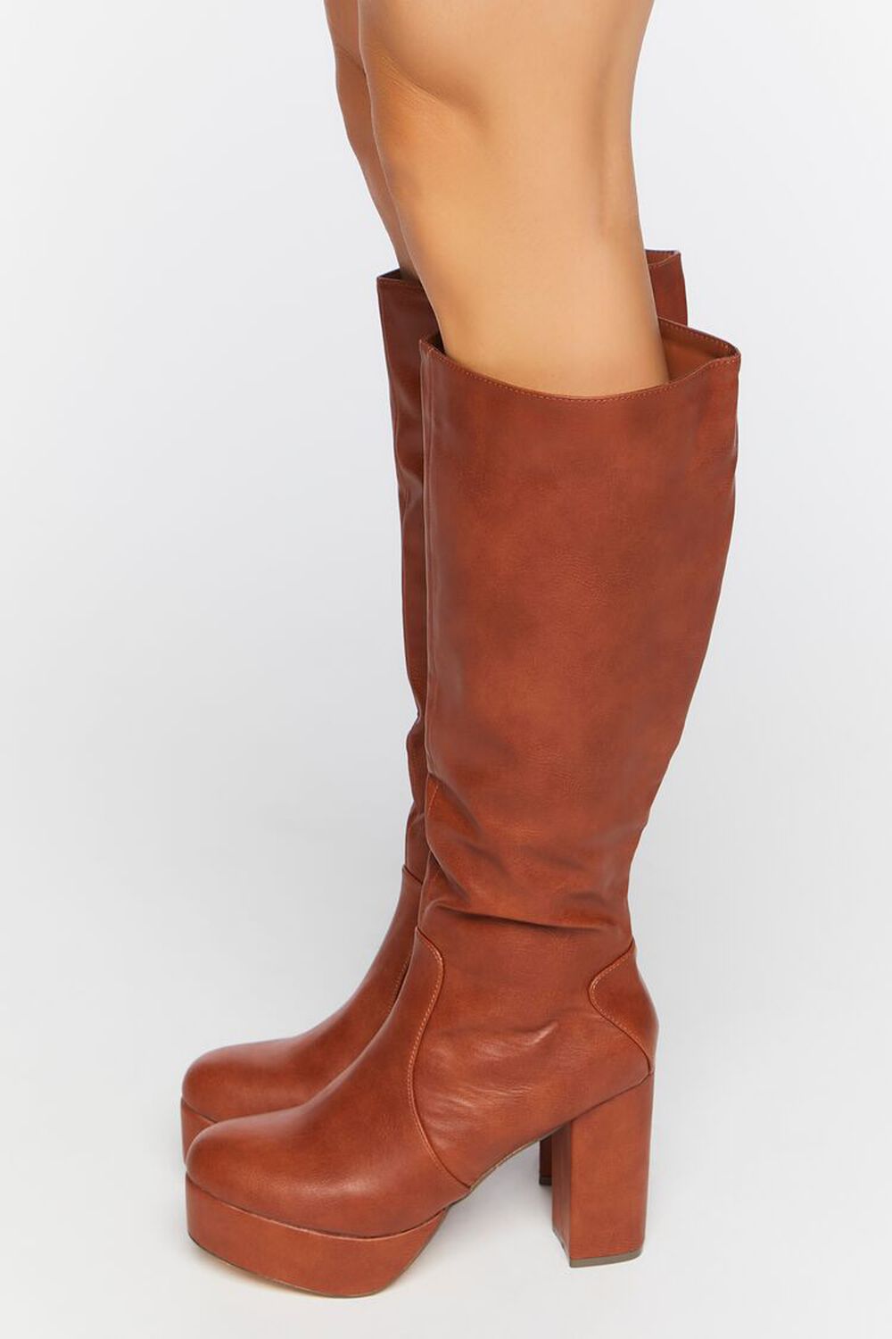 BROWN Faux Leather Knee-High Platform Boots, image 2