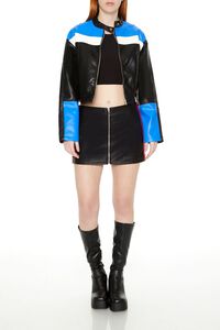 BLUE/MULTI Colorblock Faux Leather Moto Jacket, image 4