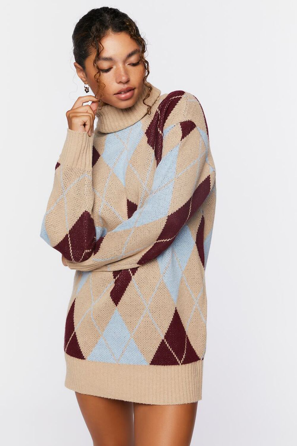 TAUPE/MULTI Argyle Turtleneck Mini Sweater Dress, image 1