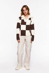 CREAM/BROWN Colorblock Checkered Half-Zip Sweater, image 4