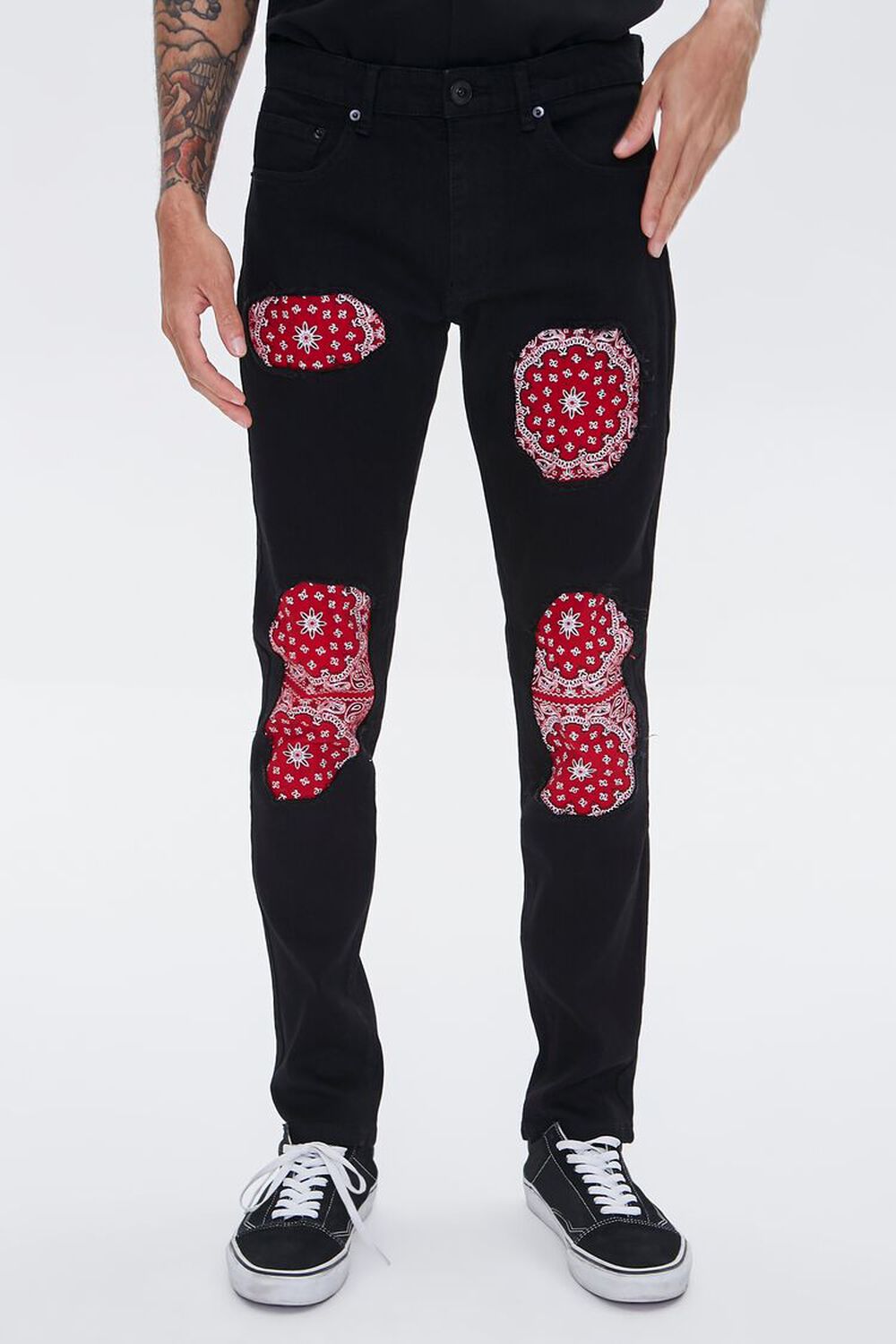 BLACK/RED Bandana-Patch Skinny Jeans, image 2