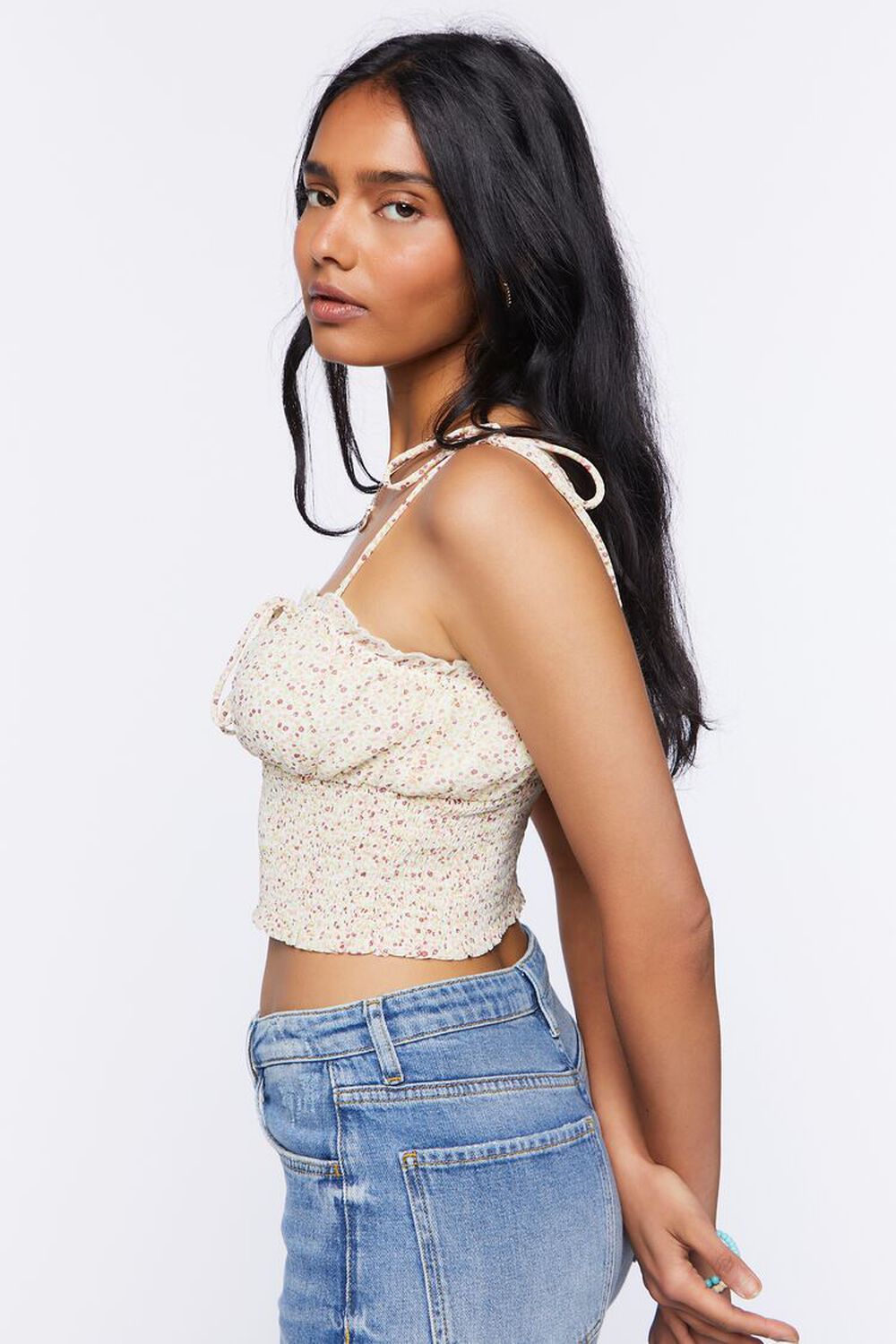 IVORY/MULTI Floral Tie-Strap Cropped Cami, image 2