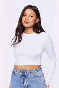 WHITE Ribbed Knit Long-Sleeve Crop Top, image 1