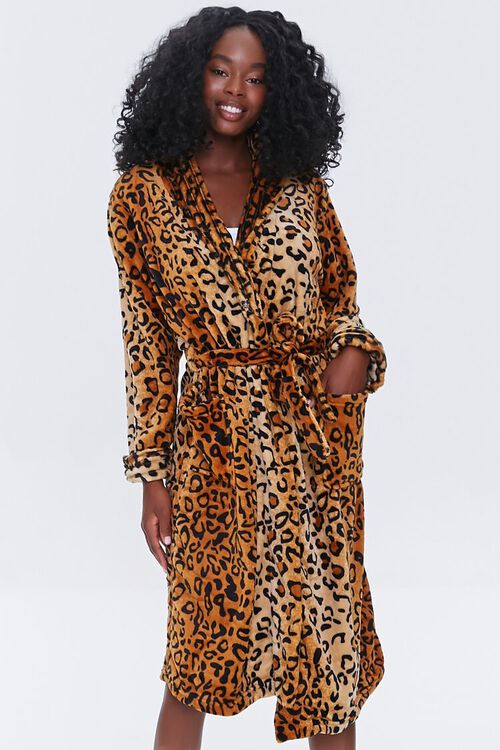 TAN/BLACK Leopard Print Tie-Waist Robe, image 1