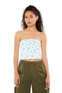 WHITE/BLUE Floral Print Bow Tube Top, image 1