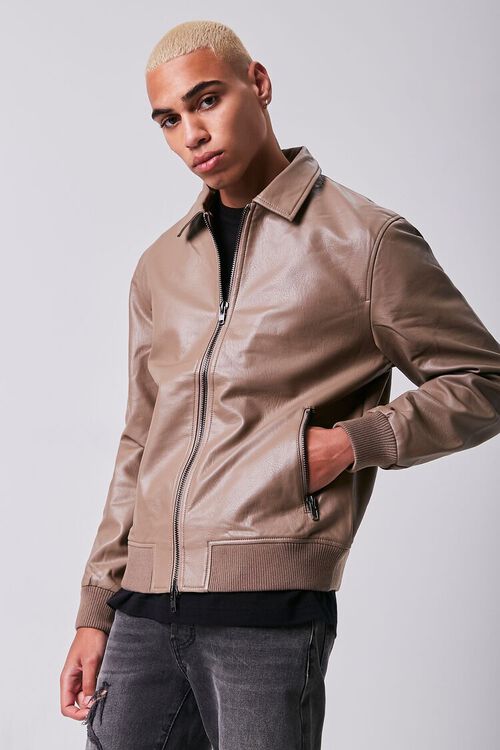 DEEP TAUPE/BLACK Faux Leather Zip-Up Jacket, image 5
