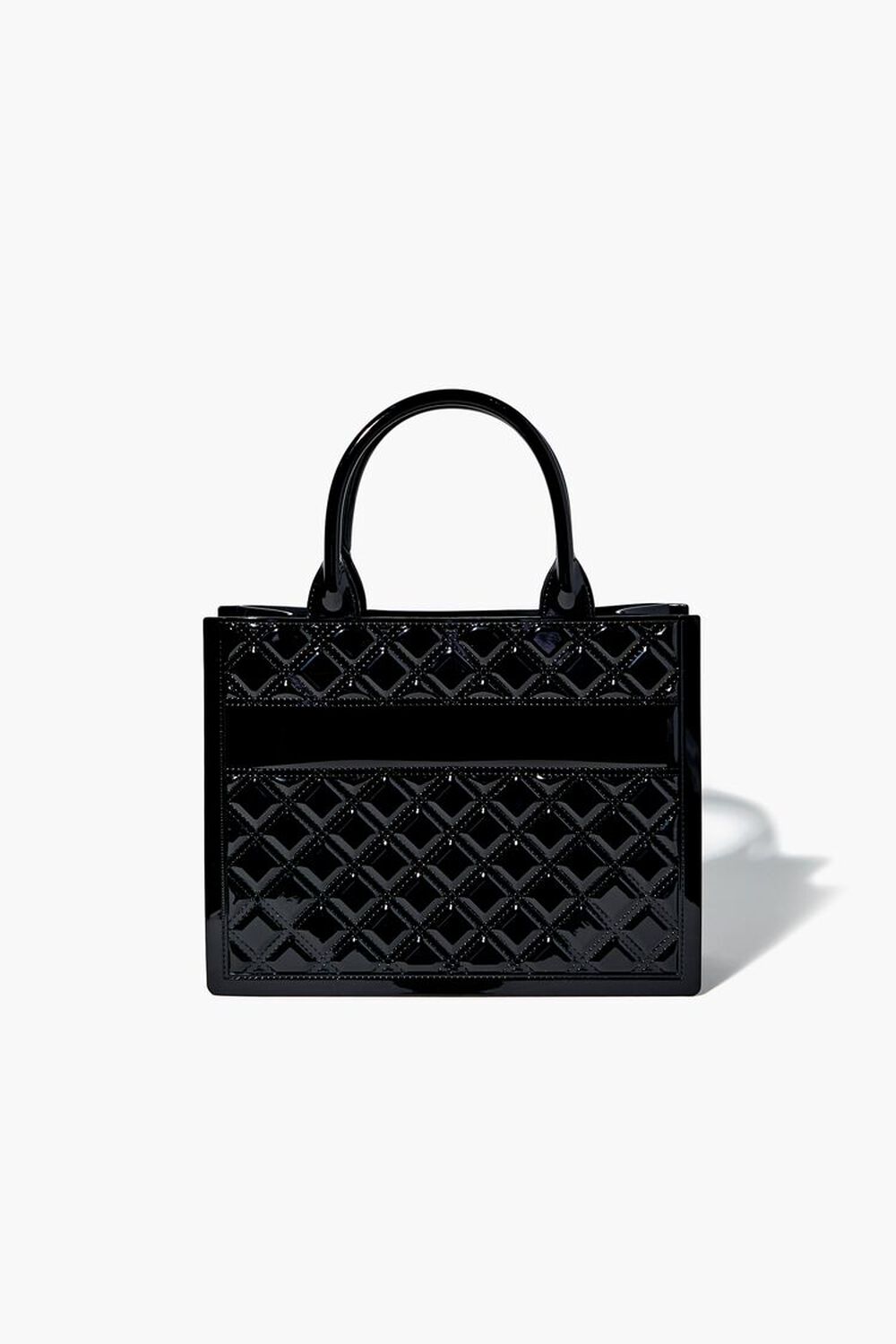 BLACK Faux Patent Leather Quilted Handbag, image 1