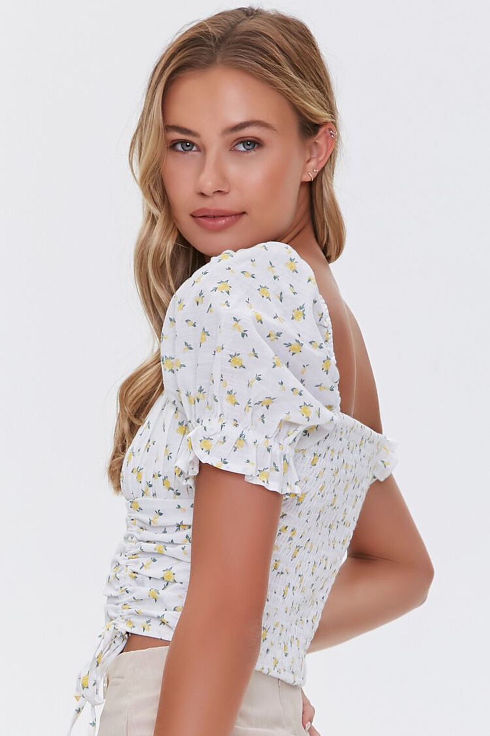 WHITE/MULTI Floral Print Puff-Sleeve Top, image 2