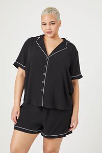 BLACK/MULTI Plus Size Piped-Trim Shirt & Shorts Pajama Set, image 1