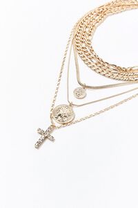 GOLD/CLEAR Layered Cross & Coin Charm Necklace, image 2