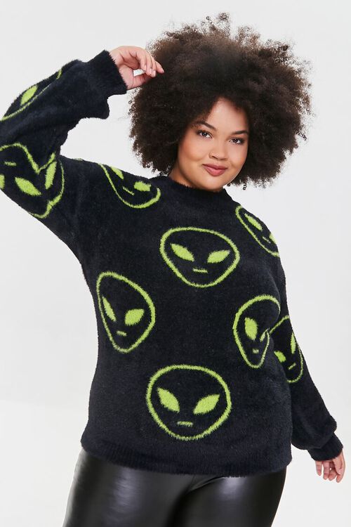 BLACK/GREEN Plus Size Fuzzy Knit Alien Sweater, image 1