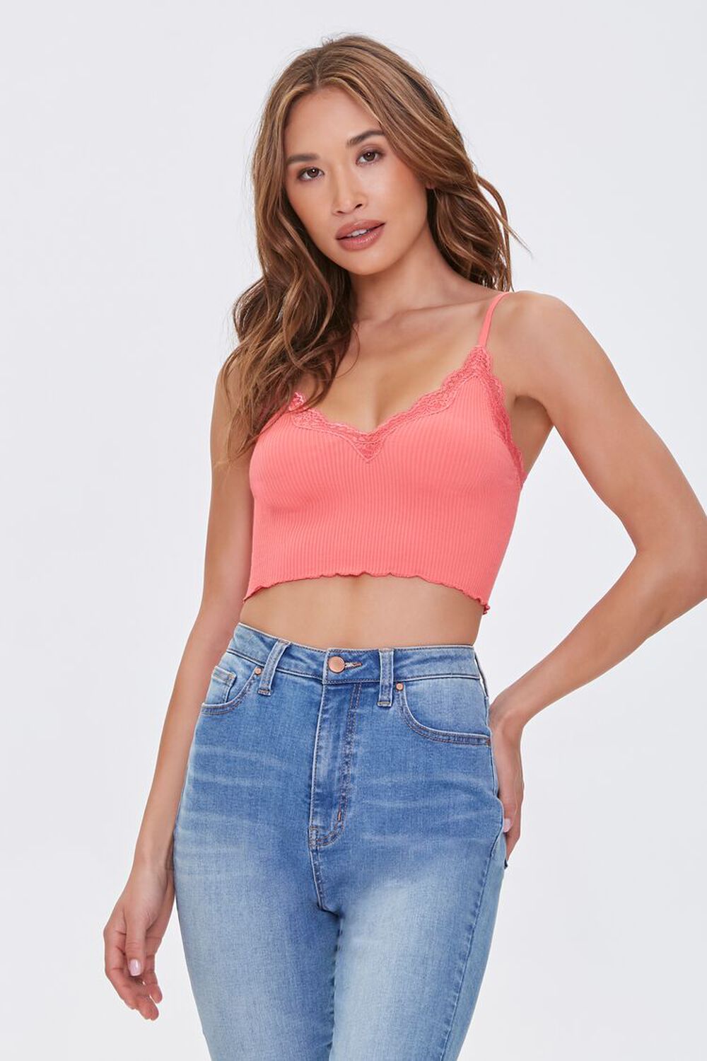 NEON CORAL Ribbed Lace-Trim Bralette, image 1