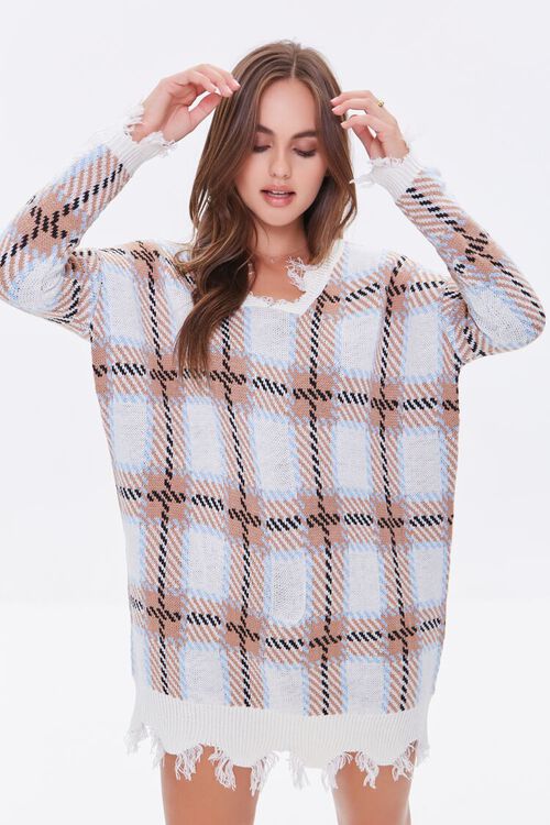 CREAM/TAUPE Plaid Mini Sweater Dress, image 1