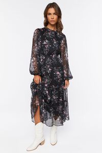 BLACK/MULTI Chiffon Floral Print Midi Dress, image 4