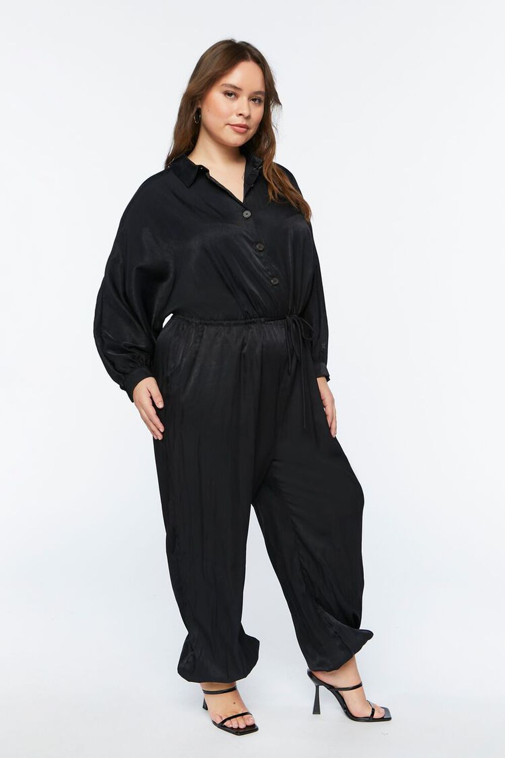 BLACK Plus Size Satin Long-Sleeve Jumpsuit, image 1