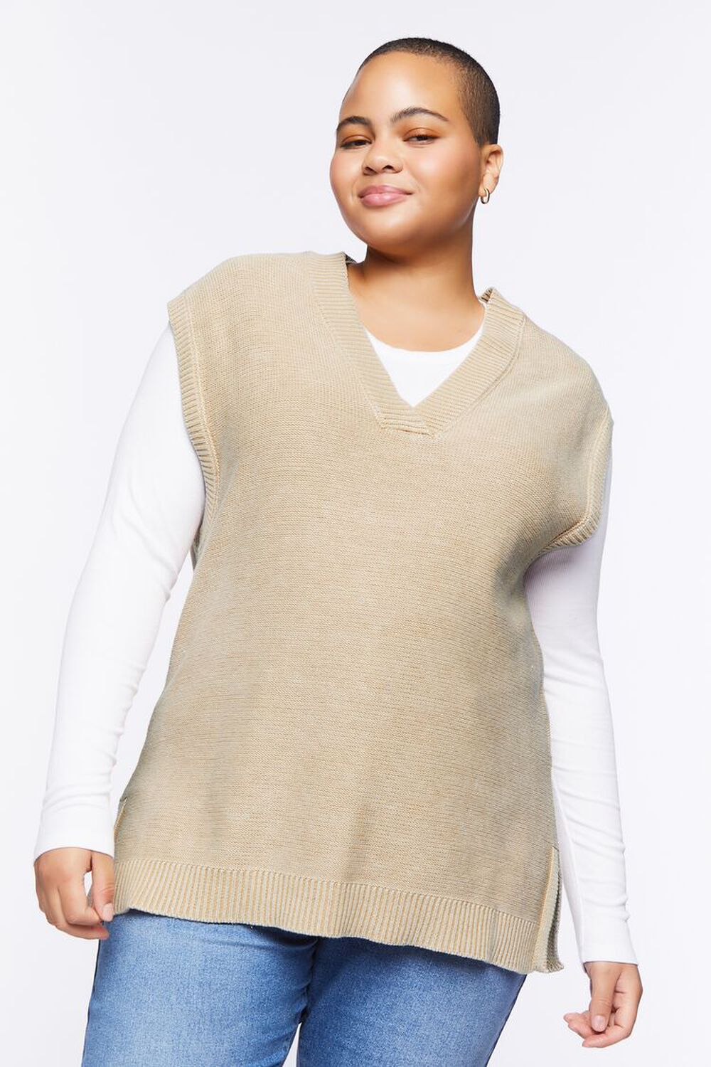 KHAKI Plus Size Longline Sweater Vest, image 1