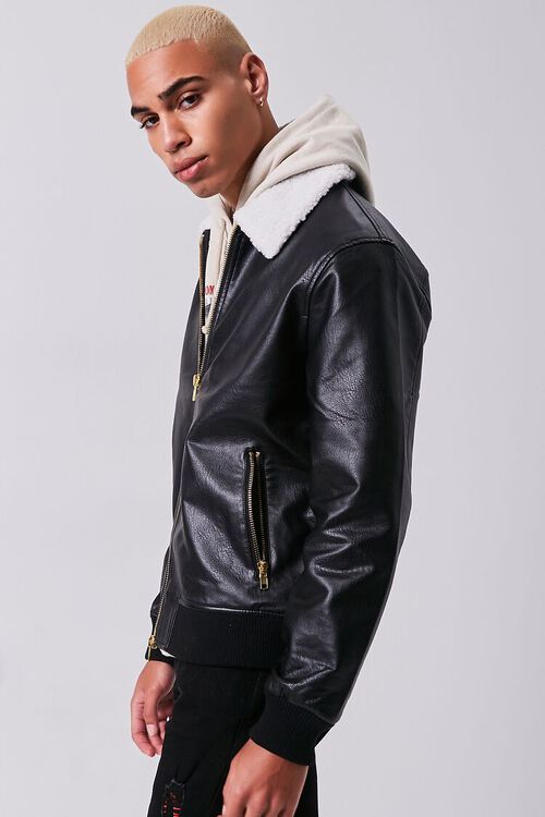 BLACK/CREAM Faux Leather Zip-Up Jacket, image 2