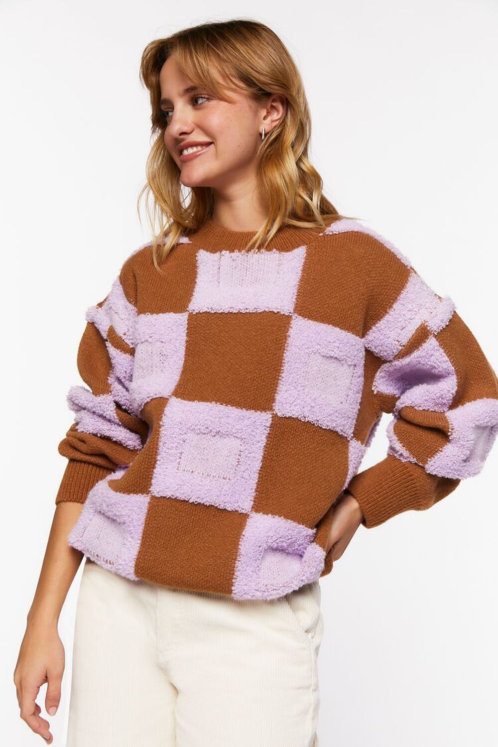 PURPLE/BROWN Fuzzy Checkered Sweater, image 2