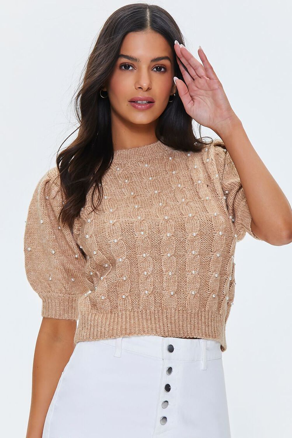 TAUPE Faux Pearl Puff-Sleeve Sweater, image 1