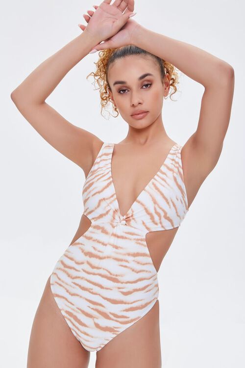 TAN/MULTI Tiger-Striped One-Piece Swimsuit, image 1