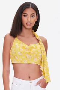 YELLOW/MULTI Cropped Floral Print Halter Top, image 1