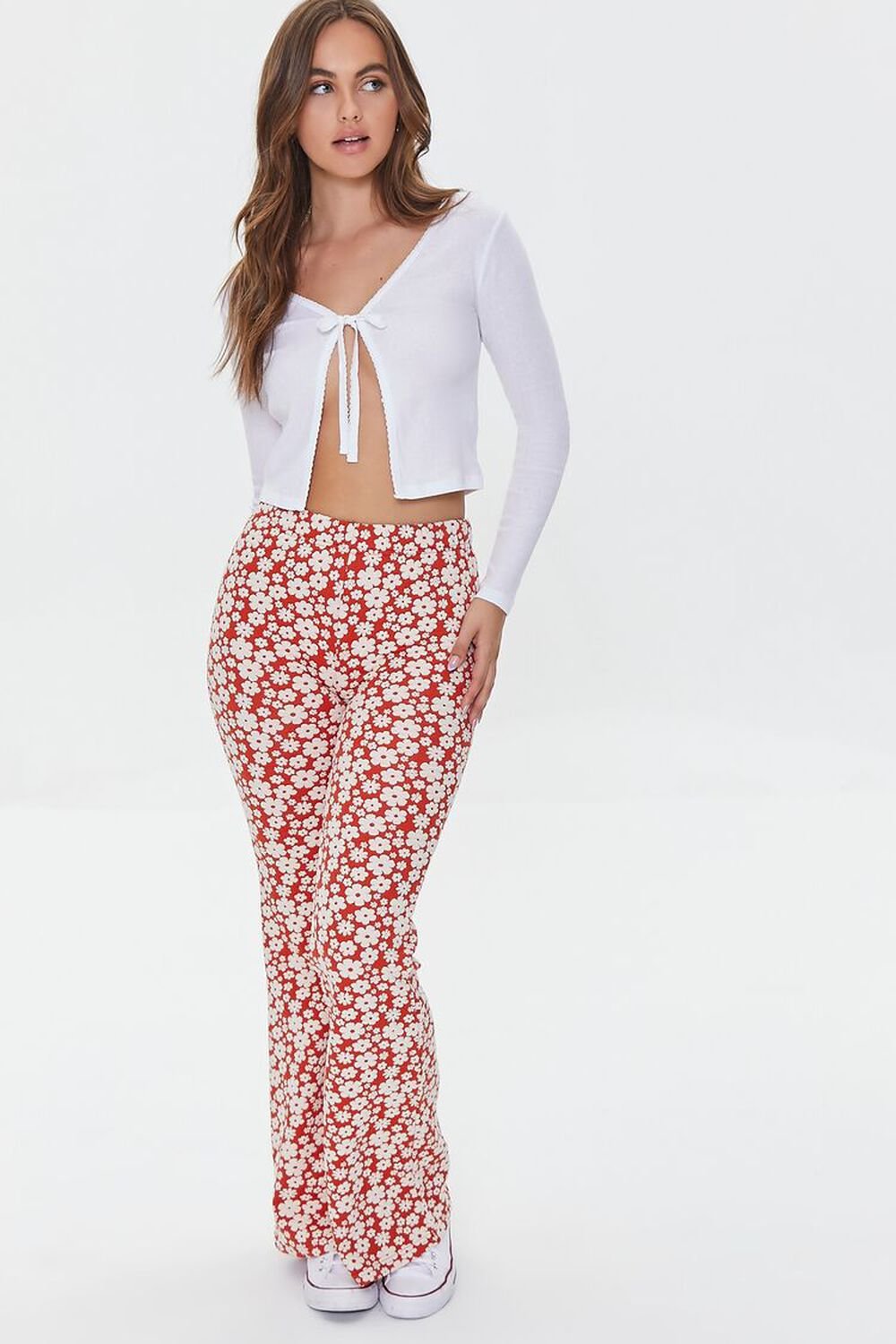 POMPEIAN RED /CREAM Floral Print Flare Pants, image 1