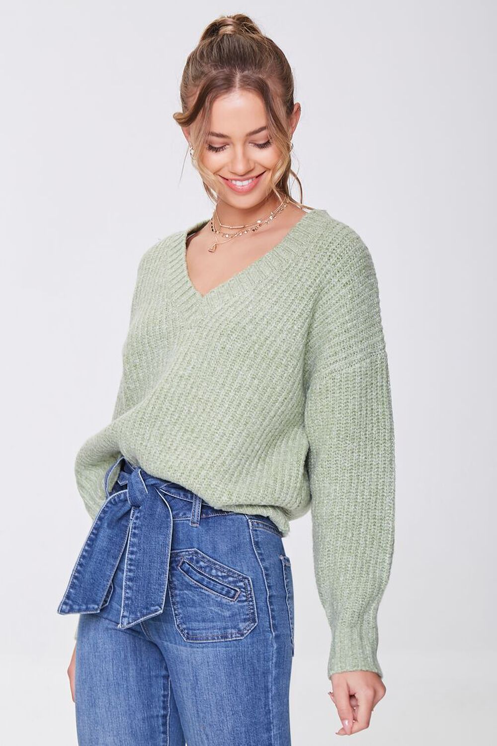 GREEN/MULTI Marled V-Neck Sweater, image 1