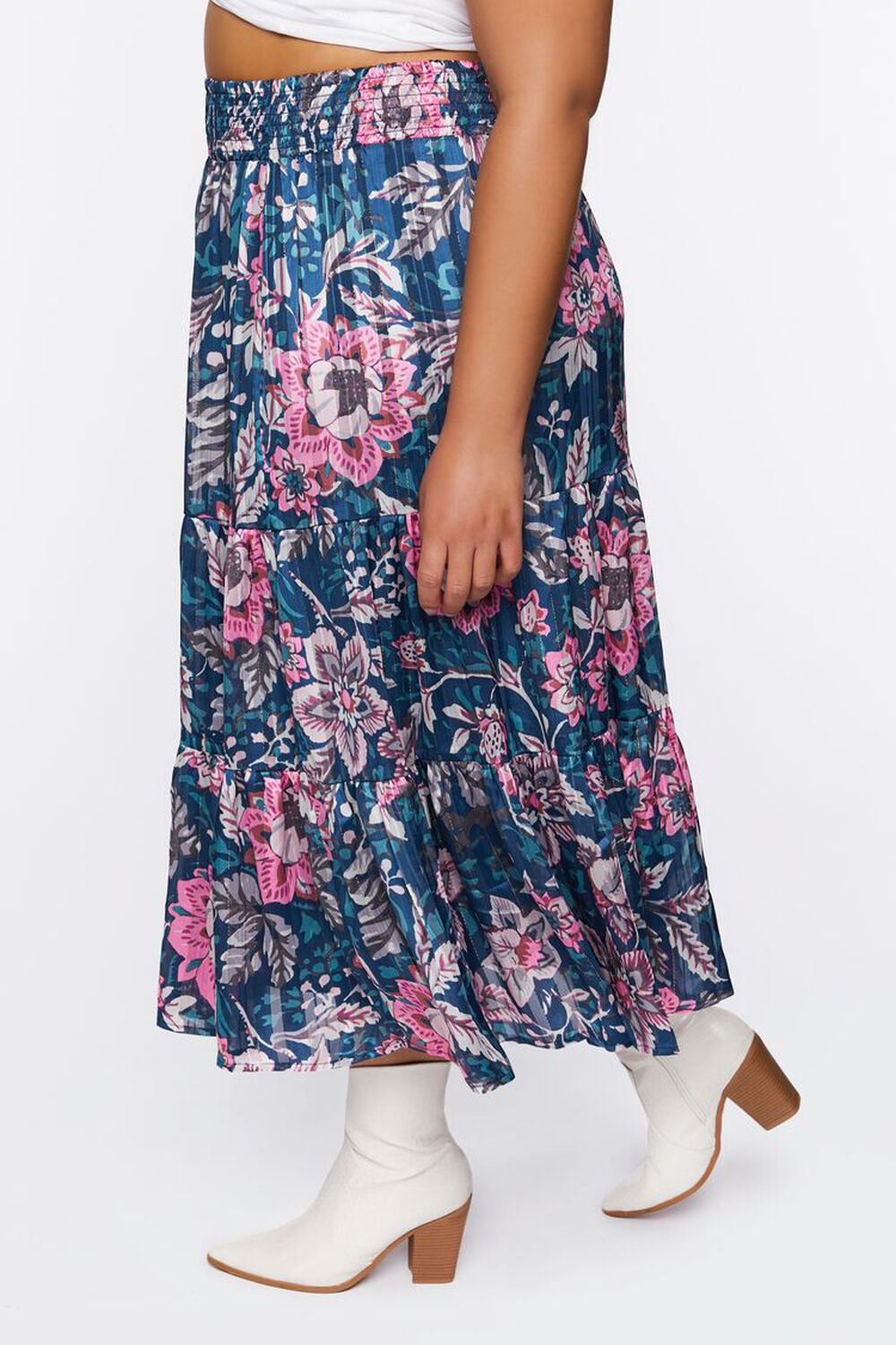 BLUE/MULTI Plus Size Floral Print Tiered Maxi Skirt, image 3