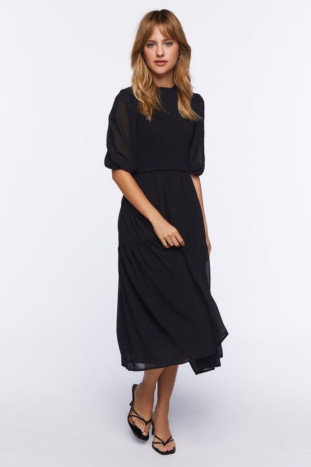 BLACK Smocked Peasant-Sleeve Dress, image 1