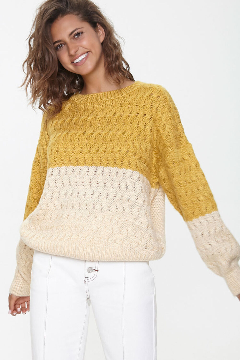 MUSTARD/IVORY Colorblock Cable Knit Sweater, image 1