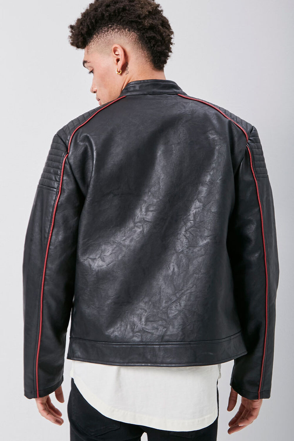 BLACK/RED Faux Leather Piped-Trim Bomber Jacket, image 3