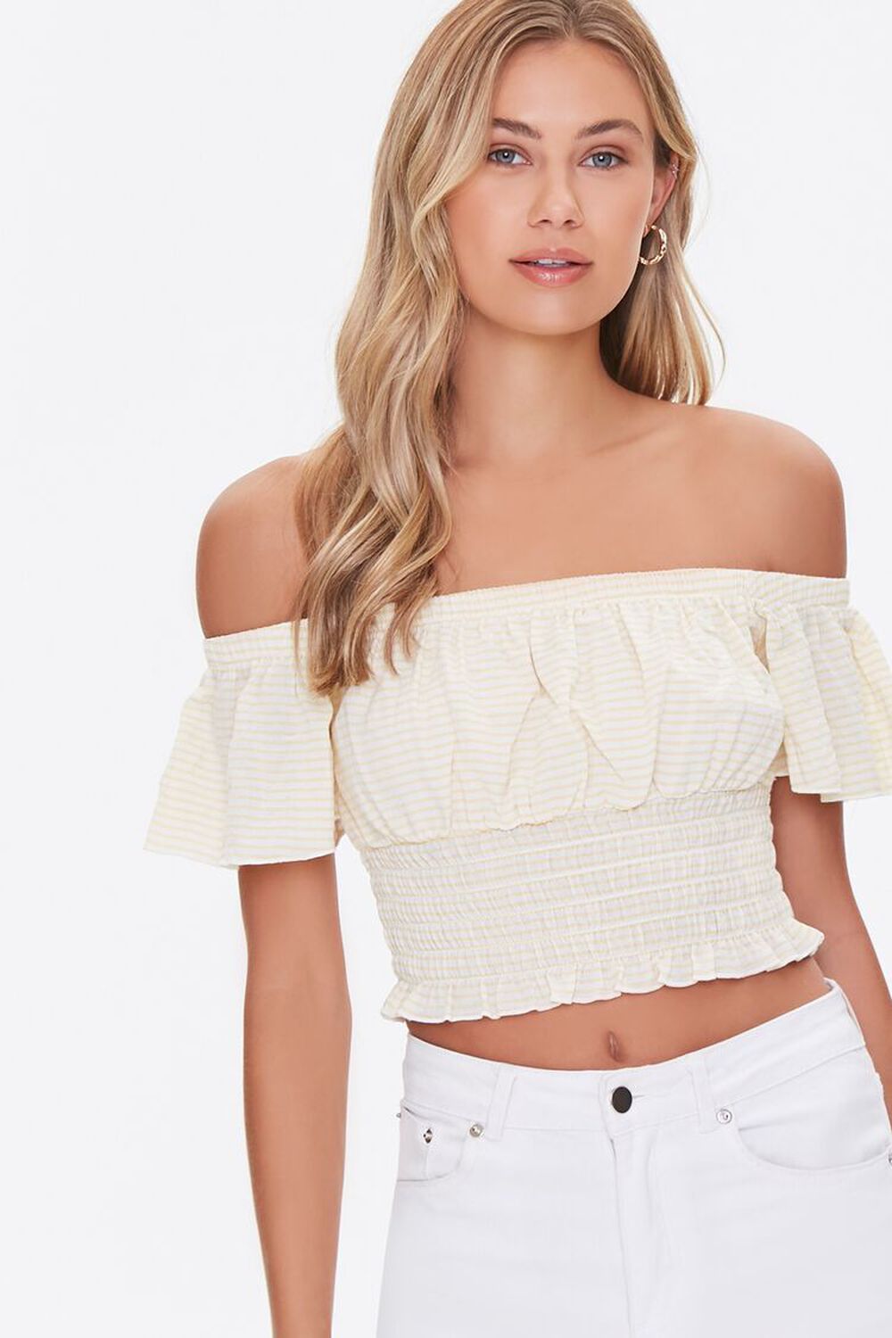 LIGHT YELLOW/BEIGE Striped Off-the-Shoulder Crop Top, image 1