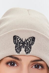 OATMEAL/BLACK Embordered Butterfly Beanie, image 2