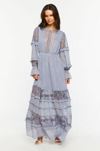 LIGHT BLUE Lace Tiered Long-Sleeve Maxi Dress, image 4