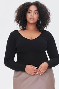 BLACK Plus Size Ribbed V-Neck Sweater, image 1