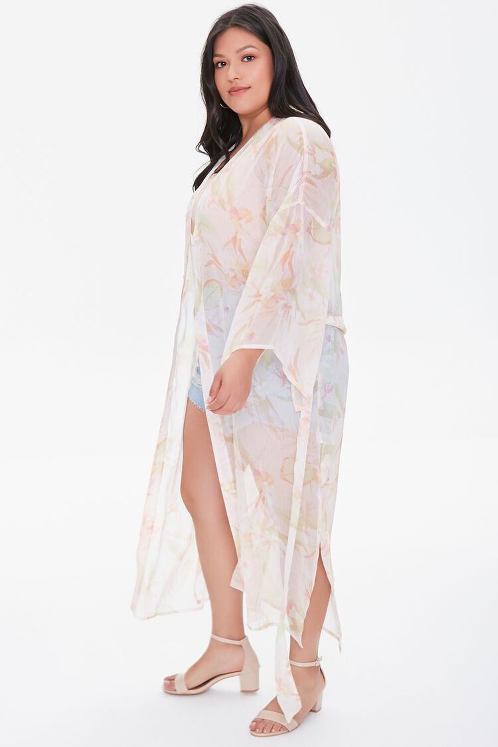 PEACH /MULTI Plus Size Tropical Floral Kimono, image 2