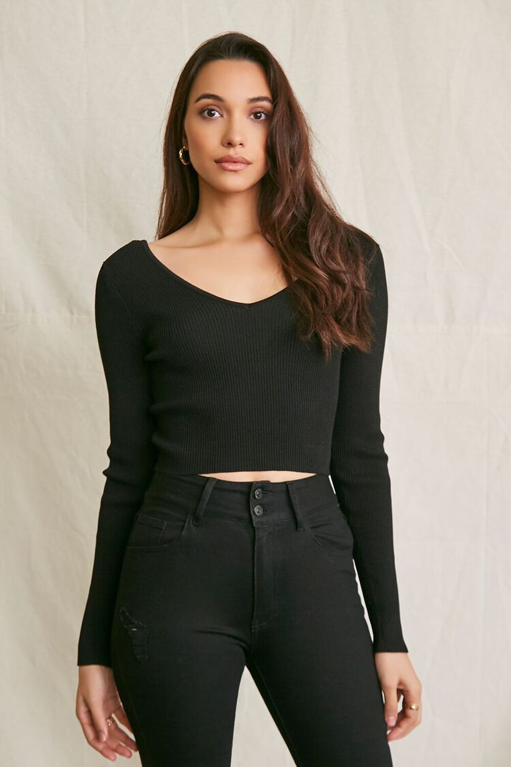 BLACK Ribbed Sweater-Knit Top, image 1