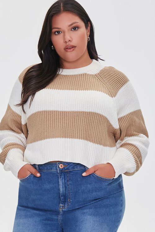 CREAM/TAUPE Plus Size Striped Cropped Sweater, image 1